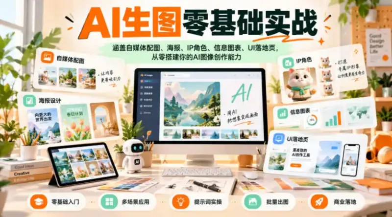 AI生图零基础实战，涵盖自媒体配图、海报、IP角色、信息图表、UI落地页，从零搭建你的AI图像创作能力-大伟资源网