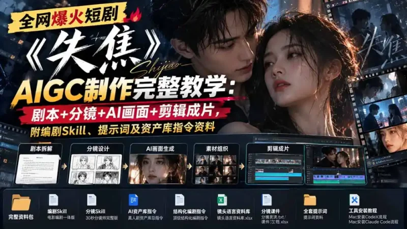 全网爆火短剧《失焦》AIGC制作完整教学：剧本+分镜+AI画面+剪辑成片，附编剧Skill、提示词及资产库指令资料-大伟资源网