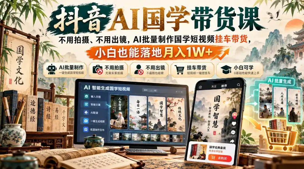 抖音AI国学带货课，不用拍摄、不用出镜，AI批量制作国学短视频挂车带货，小白也能落地月入1W+