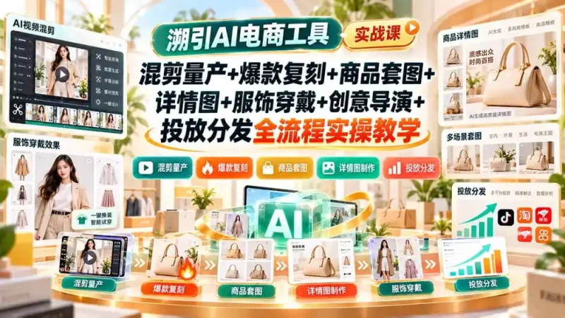 溯引AI电商工具实战课：混剪量产+爆款复刻+商品套图+详情图+服饰穿戴+创意导演+投放分发全流程实操教学-大伟资源网