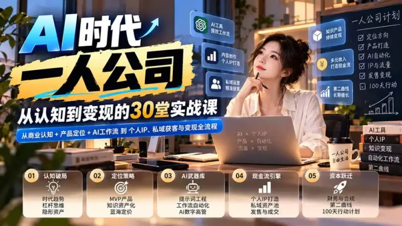 【无水印】AI时代一人公司30堂实战课：从商业认知+产品定位+AI工作流到个人IP、私域获客与变现全流程-大伟资源网