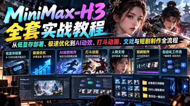 MiniMax-H3全套实战教程：从低显存部署、极速优化到AI动效、打斗动画、文戏与短剧制作全流程-大伟资源网