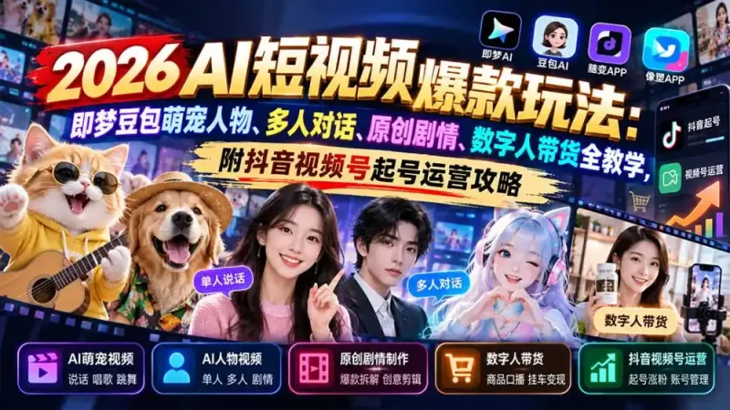 2026AI短视频爆款玩法：即梦豆包萌宠人物、多人对话、原创剧情、数字人带货全教学，附抖音视频号起号运营攻略-大伟资源网