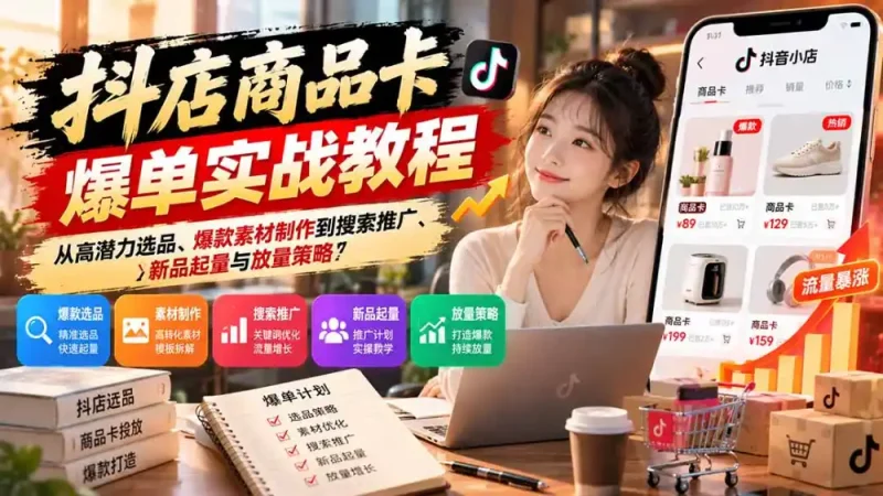 抖店商品卡爆单实战教程：从高潜力选品、爆款素材制作到搜索推广、新品起量与放量策略-大伟资源网