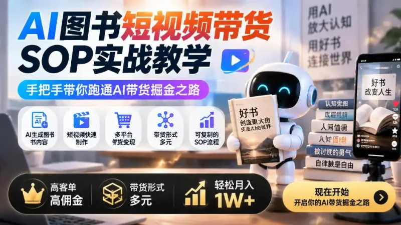 AI图书短视频带货SOP实战教学，手把手带你跑通AI带货掘金之路，高客单高佣金，带货形式多元，轻松月入1W+-大伟资源网