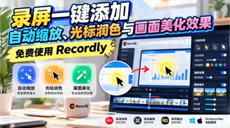 录屏一键添加自动缩放、光标润色与画面美化效果，免费使用Recordly-大伟资源网