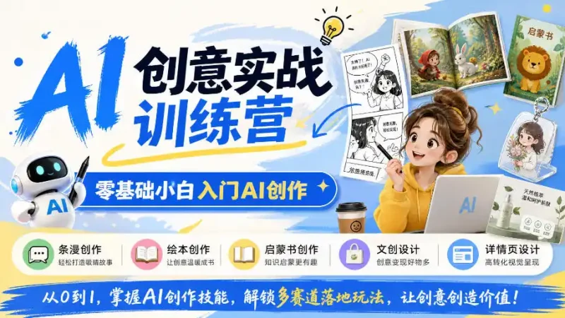 AI创意实战训练营,零基础小白入门AI创作,解锁条漫、绘本、启蒙书、文创、详情页多赛道落地玩法-大伟资源网