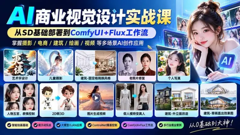【无水印】AI商业视觉设计实战课：从SD基础部署到ComfyUI+Flux工作流，掌握摄影电商建筑AI创作-大伟资源网