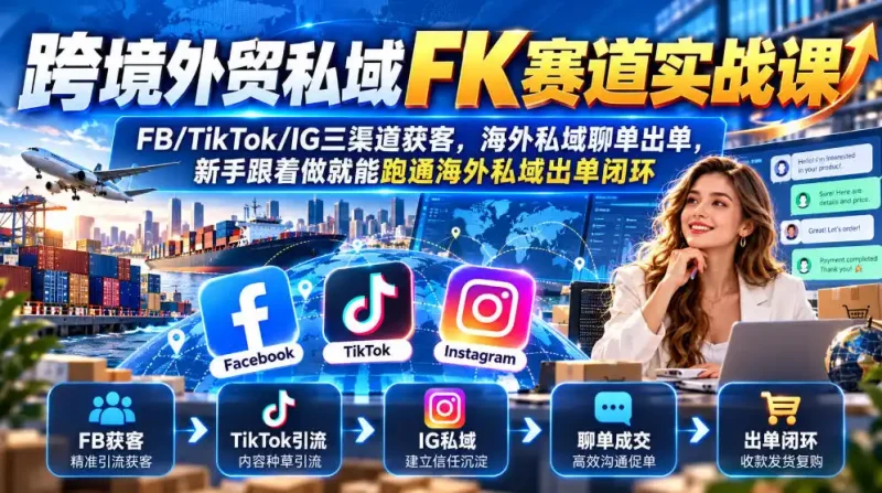 跨境外贸私域FK赛道实战课｜FB/TikTok/IG三渠道获客，海外私域聊单出单，新手跟着做就能跑通海外私域出单闭环-大伟资源网