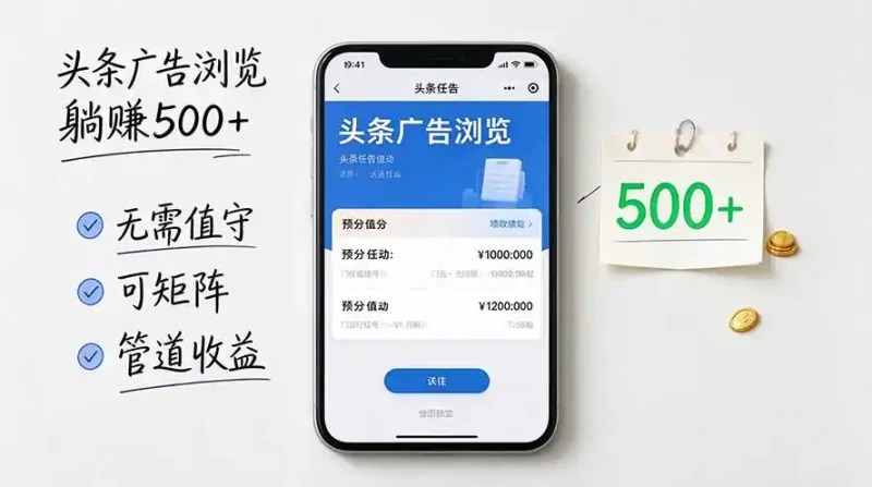 头条广告浏览躺赚500+无需值守，可矩阵并附有管道收益-大伟资源网