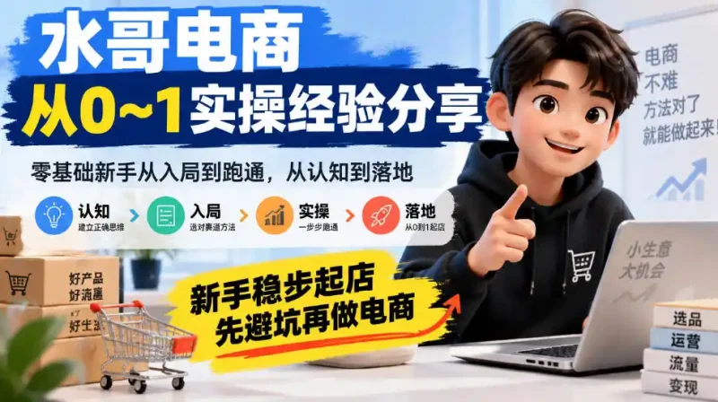 水哥电商从0~1实操经验分享，零基础新手从入局到跑通，从认知到落地，新手稳步起店，先避坑再做电商-大伟资源网