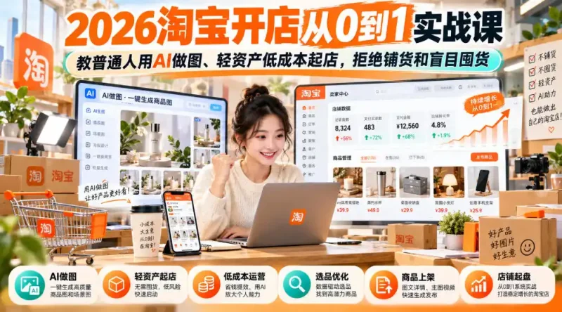 2026淘宝开店从0到1实战课，教普通人用AI做图、轻资产低成本起店，拒绝铺货和盲目囤货-大伟资源网