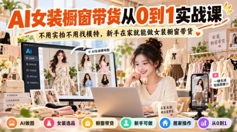 AI女装橱窗带货从0到1实战课，不用实拍不用找模特，新手在家就能做女装橱窗带货-大伟资源网