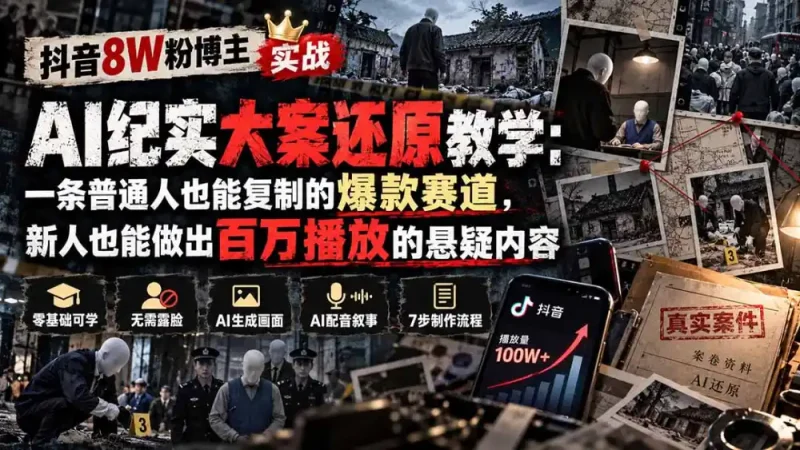 抖音8W粉博主AI纪实大案还原教学：一条普通人也能复制的爆款赛道，新人也能做出百万播放的悬疑内容-大伟资源网