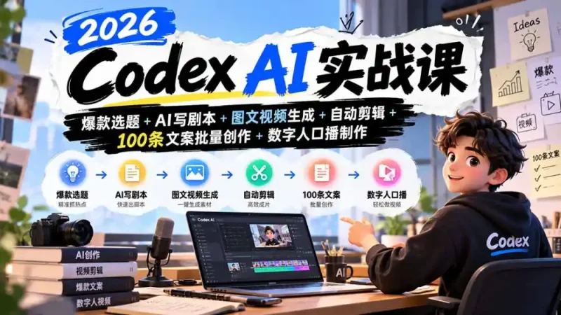 2026Codex AI实战课：爆款选题+AI写剧本+图文视频生成+自动剪辑+100条文案批量创作+数字人口播制作-大伟资源网