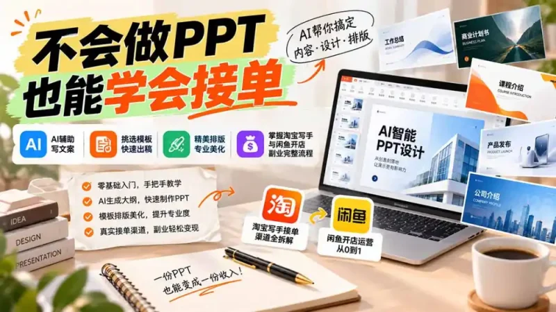 不会做PPT也能学会接单：AI辅助写文案、挑模板、做排版，掌握淘宝写手与闲鱼开店副业完整流程-大伟资源网