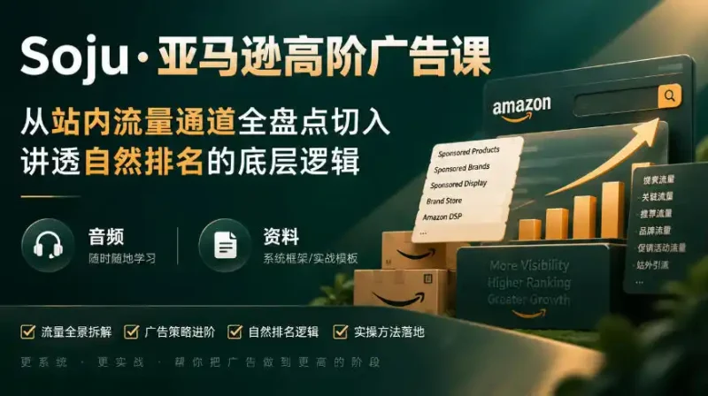 亚马逊高阶广告课，从站内流量通道全盘点切入，讲透自然排名的底层逻辑(直播+音频+资料)-大伟资源网
