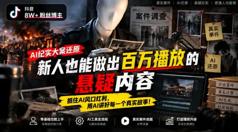抖音8W粉丝博主的AI纪实大案还原教学，新人也能做出百W播放的悬疑内容，抓住AI风口红利，用AI讲好每一个真实故事(更新1014)-大伟资源网