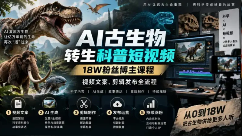 AI古生物转生科普短视频，18W粉丝博主课程，视频文案、剪辑发布全流程-大伟资源网