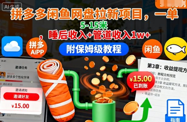 拼多多闲鱼网盘拉新项目，一单5-15米，睡后收入+管道收入1w+(附保姆级教程)-大伟资源网