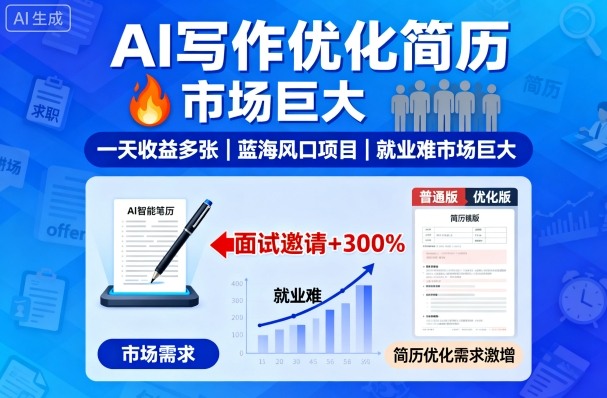 AI写作优化简历，一天收益多张，蓝海风口项目，就业难市场巨大-大伟资源网