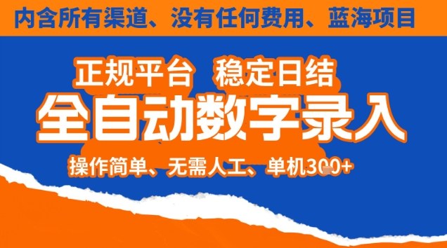 全自动数字录入，单机日入3张+，内含所有渠道全程免费零成本，操作简单可矩阵开干【揭秘】-大伟资源网