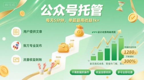 【公众号托管 】我提供文章，你发布，每天5分钟，单篇最高收益1k+【揭秘】-大伟资源网