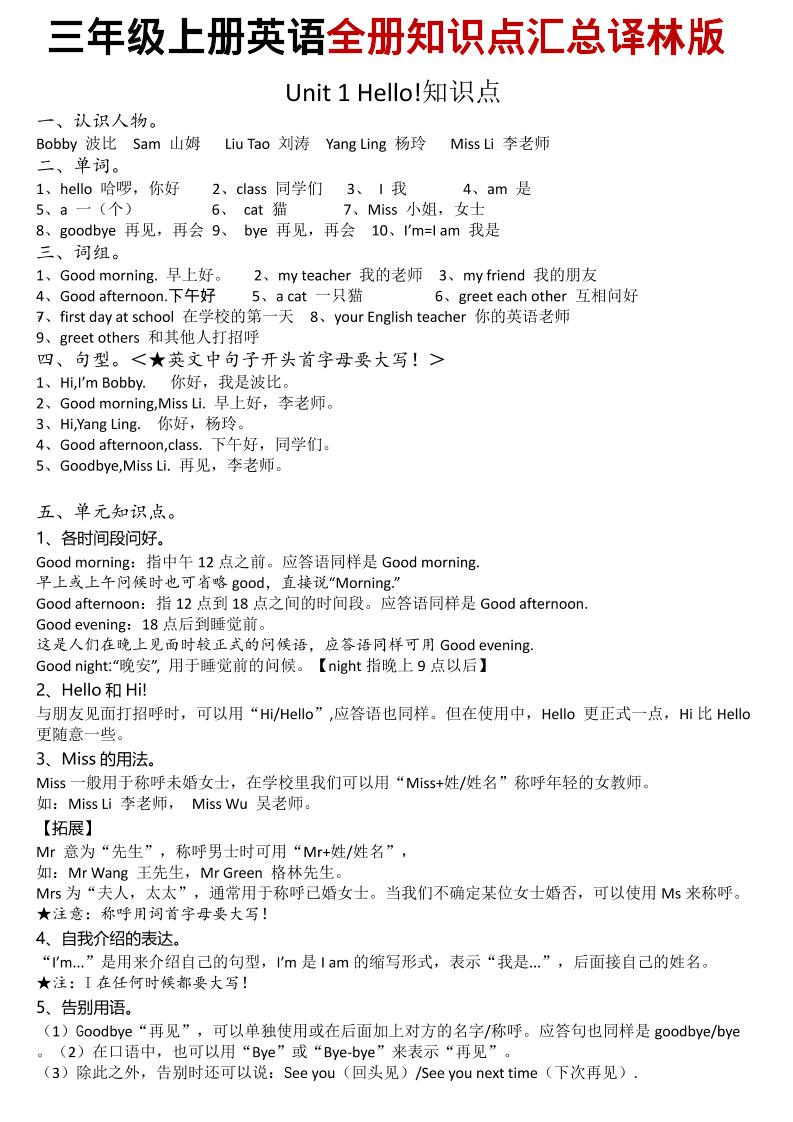 三年级上英语知识点汇总《译林版》-大伟资源网