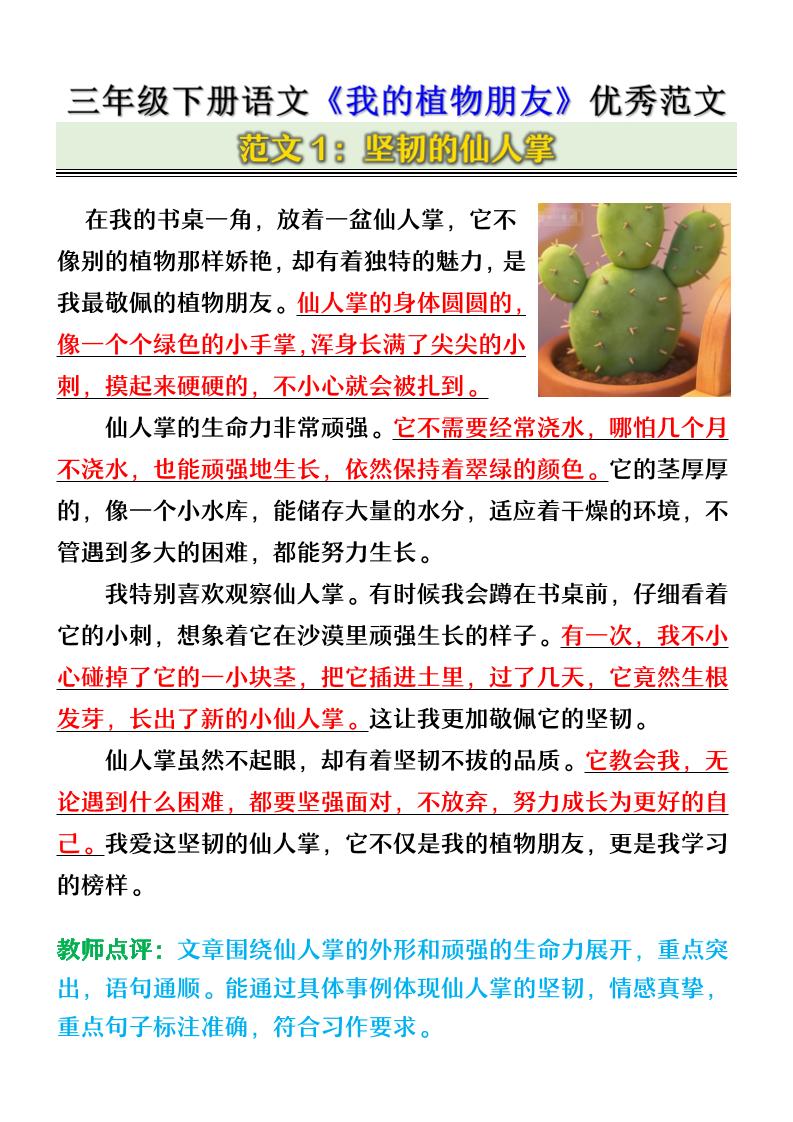 三年级下语文《我的植物朋友》优秀范文-大伟资源网