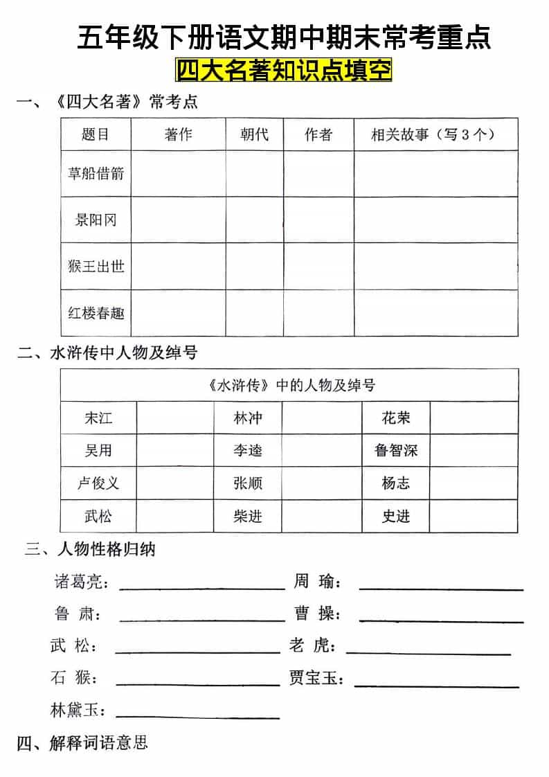 五年级下语文四大名著知识点填空-大伟资源网