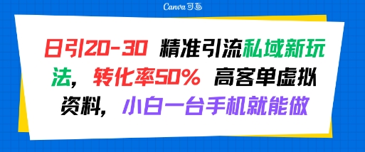 日引 20-30 精准引流私域新玩法，转化率50% 高客单虚拟资料，小白一台手机就能做-大伟资源网