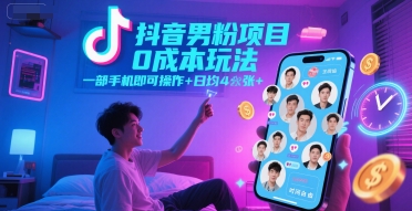抖音男粉项目0成本玩法，一部手机即可操作，日均4张+，时间自由-大伟资源网