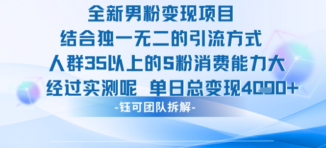 全新男粉变现项目引流人群35以上的男粉消费能力大 经过实测单日变现1k+-大伟资源网