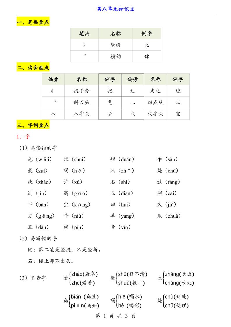 第8单元（知识点）一上语文-大伟资源网