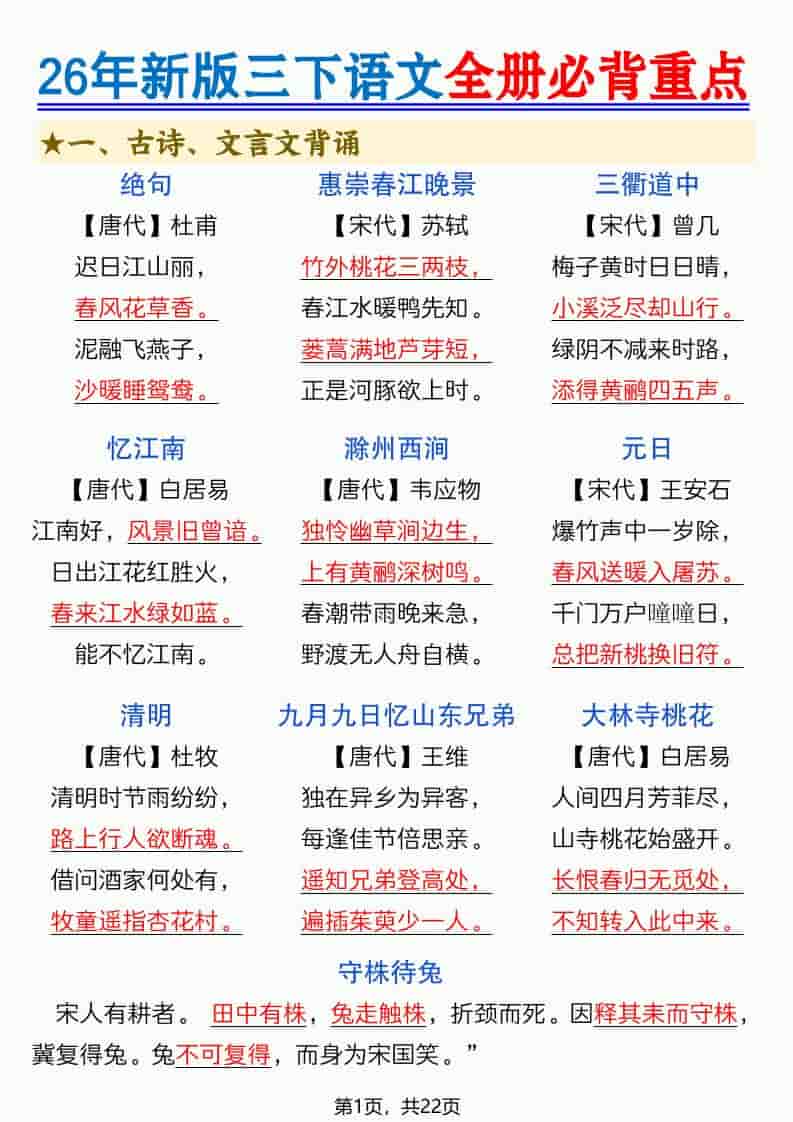 三年级下语文全册必背重点（十二重点知识点）-大伟资源网