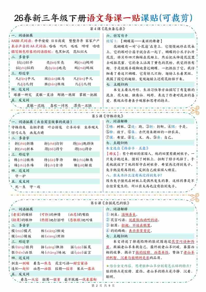 三年级下语文【彩色重点一课一贴】-大伟资源网