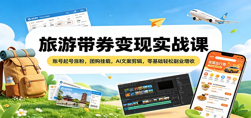 旅游带券变现实战课：账号起号涨粉，团购挂载，AI文案剪辑，零基础轻松副业增收-大伟资源网