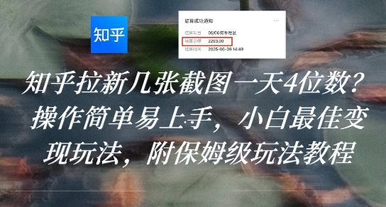 知乎拉新几张截图一天4位数？操作简单易上手，小白最佳变现玩法，附保姆级玩法教程-大伟资源网