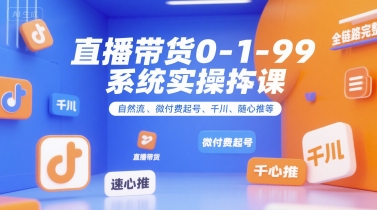 直播带货0~1~99系统实操课，自然流、微付费起号、千川、随心推等，直播带货全链路完整逻辑-大伟资源网