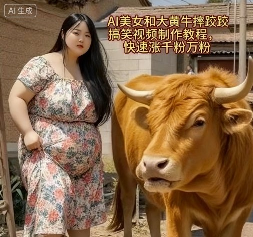 AI美女和大黄牛摔跤搞笑荒诞视频制作教程，快速涨千粉万粉-大伟资源网
