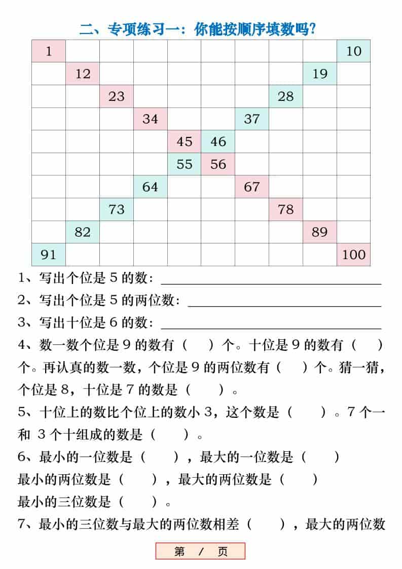 新一年级下数学《百数表》易错专项练习强化训练（含答案）-大伟资源网