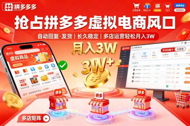 抢占拼多多虚拟电商风口：自动回复、发货，长久稳定，多店运营轻松月入3W+【揭秘】-大伟资源网