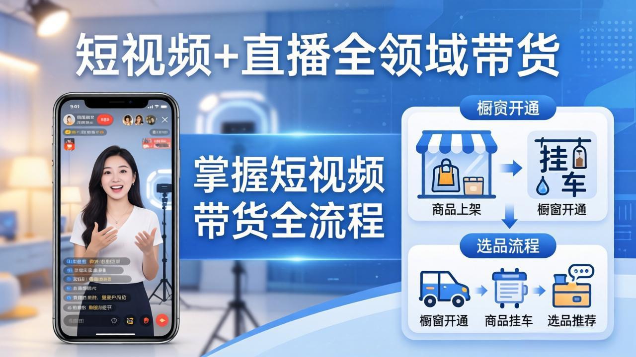 短视频+直播全领域带货-更新：掌握橱窗开通、挂车、选品、爆款文案改编等短视频带货全流程-大伟资源网