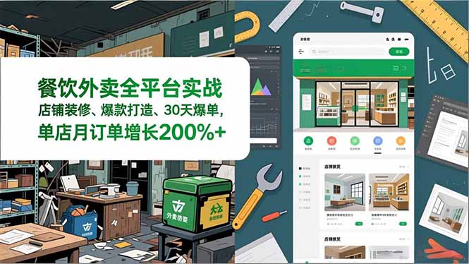 餐饮外卖全平台实战，店铺装修、爆款打造、30天爆单，手把手教学，单店月订单增长200%+-大伟资源网