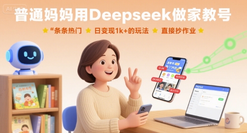普通妈妈用Deepseek做家教号，条条热门，日变现1k+的玩法，直接抄作业-大伟资源网