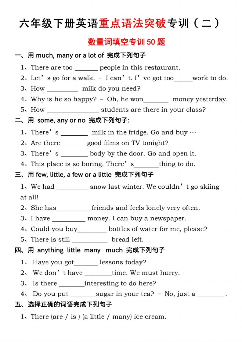 六年级下册人教PEP英语重点语法突破专项训（二）数量词填空-大伟资源网