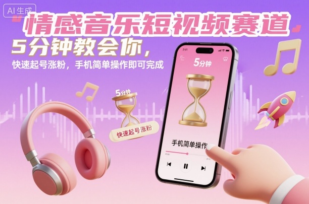 情感音乐短视频赛道，5分钟教会你，快速起号涨粉，手机简单操作即可完成-大伟资源网