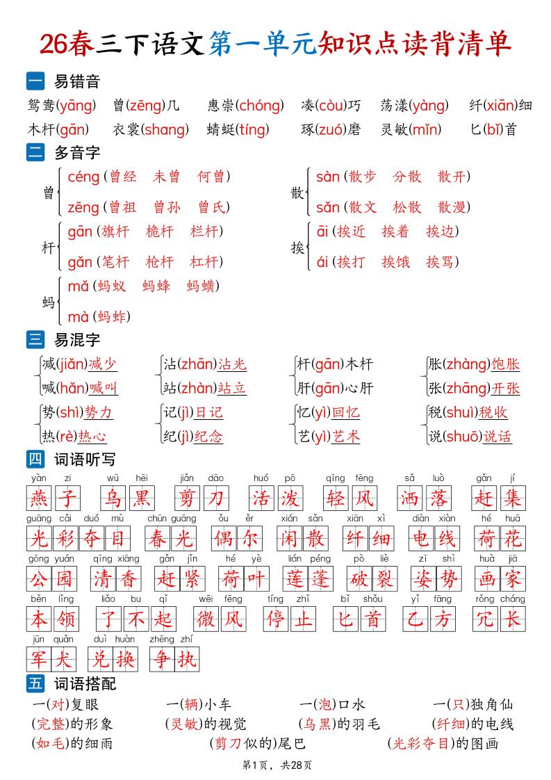 26新三年级下语文1-8单元知识点读背清单（28页）-大伟资源网