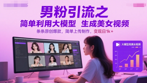 男粉引流之简单利用大模型生成美女视频，条条原创爆款，简单上传制作，变现日1k+-大伟资源网