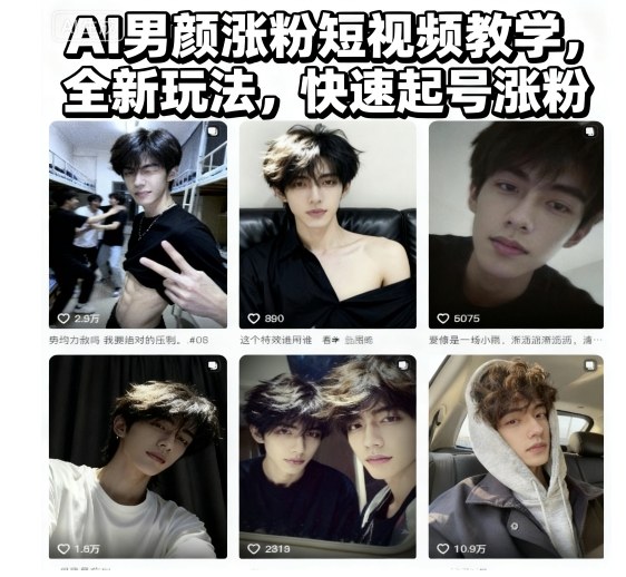 AI男颜涨粉短视频教学，全新玩法，快速起号涨粉-大伟资源网